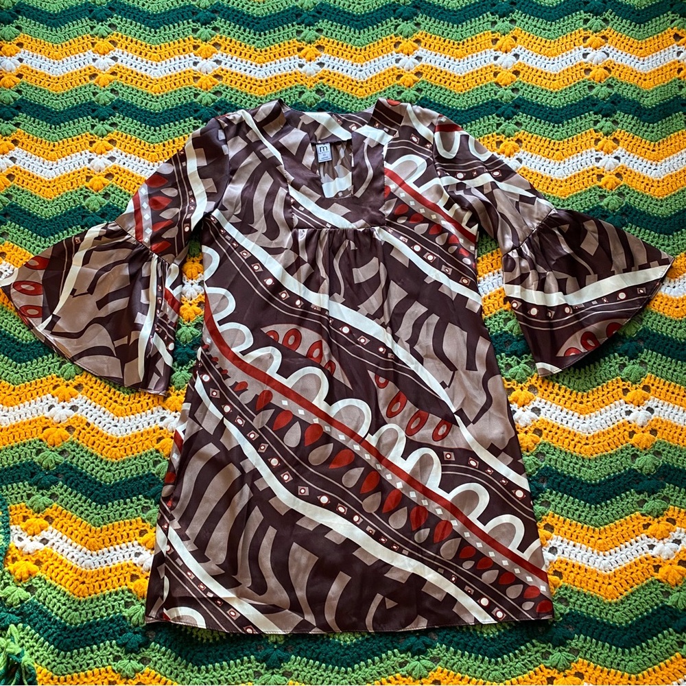 Brown and Orange Psychedelic Bell Sleeve Dress